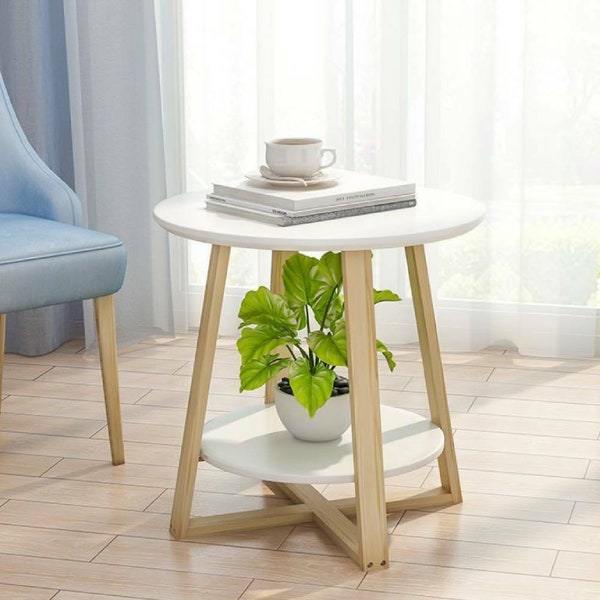 2 Tier Solid Wood White Round Side Coffee Tea End Table Center Piece Nordic Furniture Modern Living Room Bedroom Small