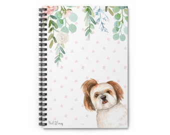 May include: A watercolor illustration of a Shih Tzu dog peeking out from behind a floral border. The background is a white and pink polka dot pattern. The text "Pawel & Lucy" is at the bottom of the image.