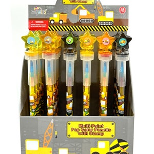 May include: A display box of 24 construction vehicle themed multi-point pop color pencils with a star-shaped top and a built-in stamp. The pencils are yellow and black with construction vehicle graphics. The box is gray with yellow and black construction vehicle graphics. The text on the box reads "Multi-Point Pop Color Pencils with Stamp" and "24 PCS".