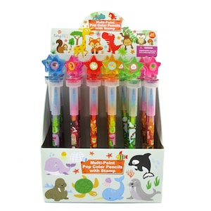May include: A display of multi-point pop color pencils with stamps. The pencils are packaged in a clear plastic display with a colorful star-shaped topper. The pencils have a variety of animal designs and are labeled "Multi-Point Pop Color Pencils with Stamp".