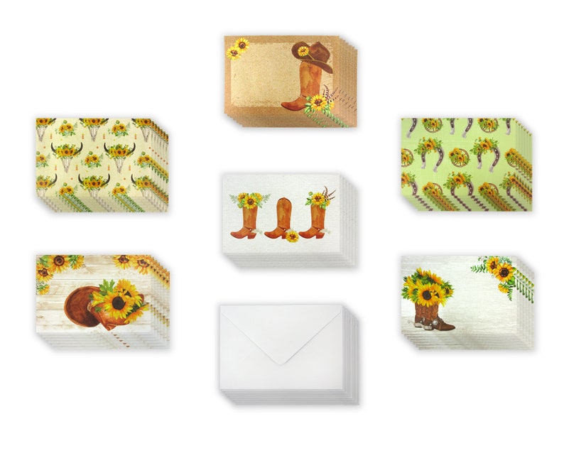 Sunflower Cowboy Boots Designs, All Occasion Assorted Blank Greeting Cards with 4 x 6 Envelopes Included, Thank You Notes, 12 Pack image 7