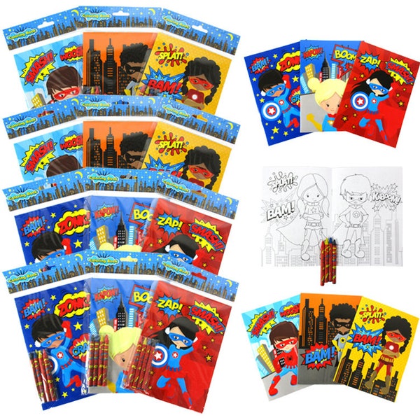 Superhero Text Party Coloring Books with Crayons Party Favors