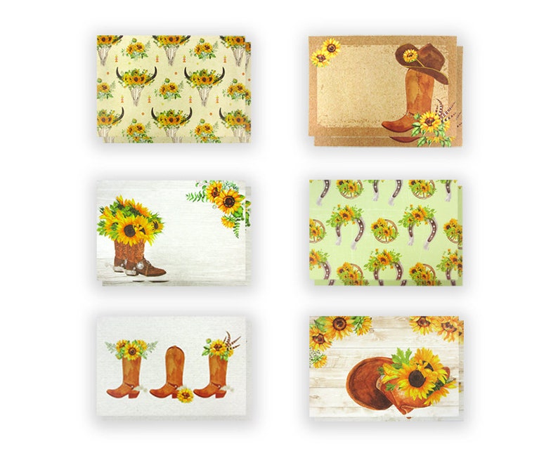 Sunflower Cowboy Boots Designs, All Occasion Assorted Blank Greeting Cards with 4 x 6 Envelopes Included, Thank You Notes, 12 Pack image 8