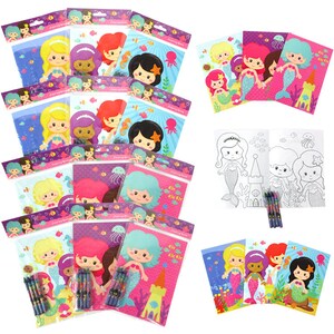 May include: Mermaid-themed coloring books and crayon sets. The coloring books feature illustrations of mermaids with various hair colors and designs. The crayon sets are packaged with mermaid-themed graphics. The background of the packaging includes underwater scenes with fish and sea creatures.