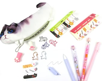 Niedliches Katzen Briefpapier Set - Stiftetui, Stifte, Clips und Notizzetteln - Perfekt für Katzenliebhaber!