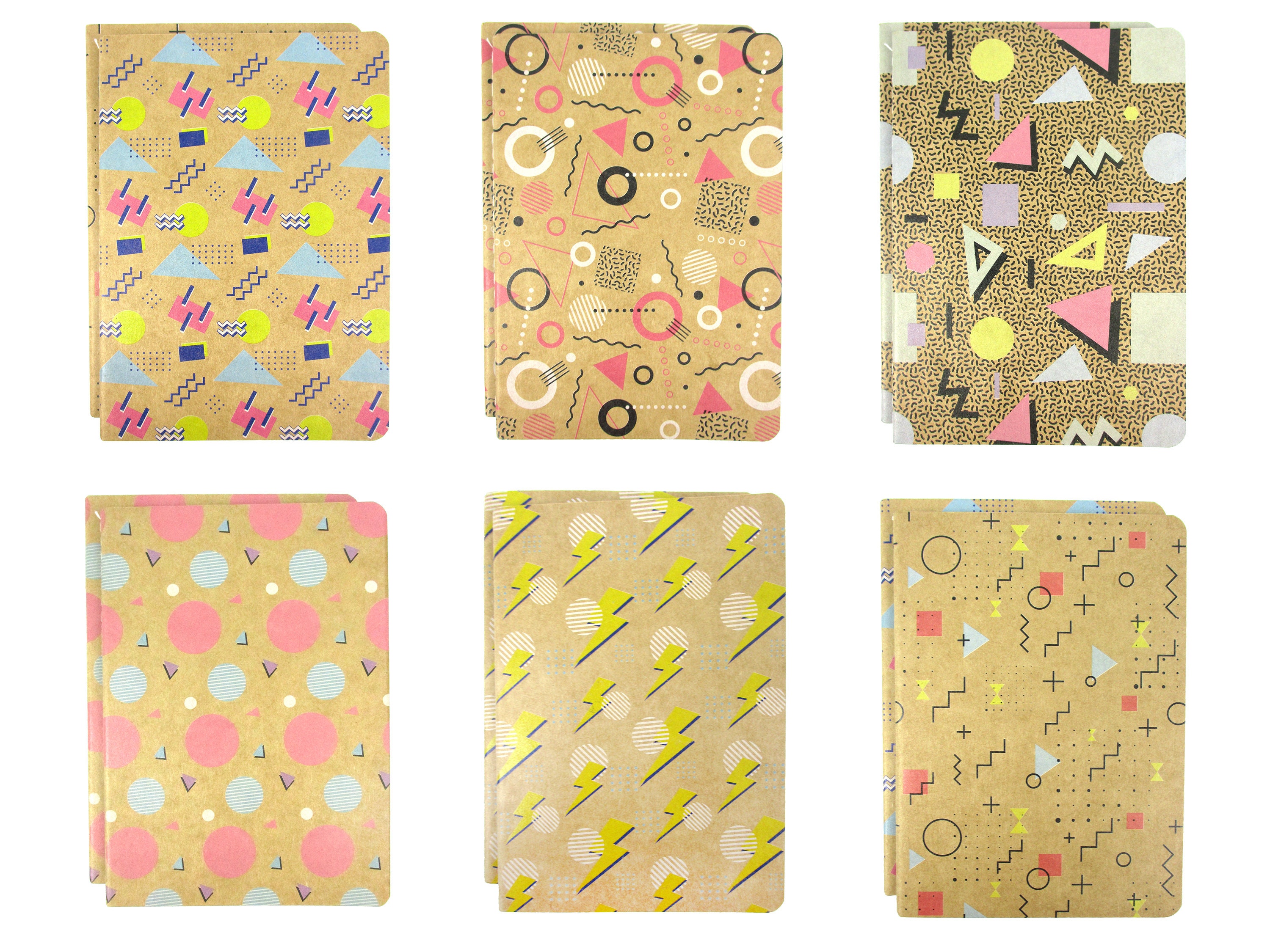 80s Themed Retro Geometric Kraft Notebooks - 6 Pack Lined Travel Pocket ...