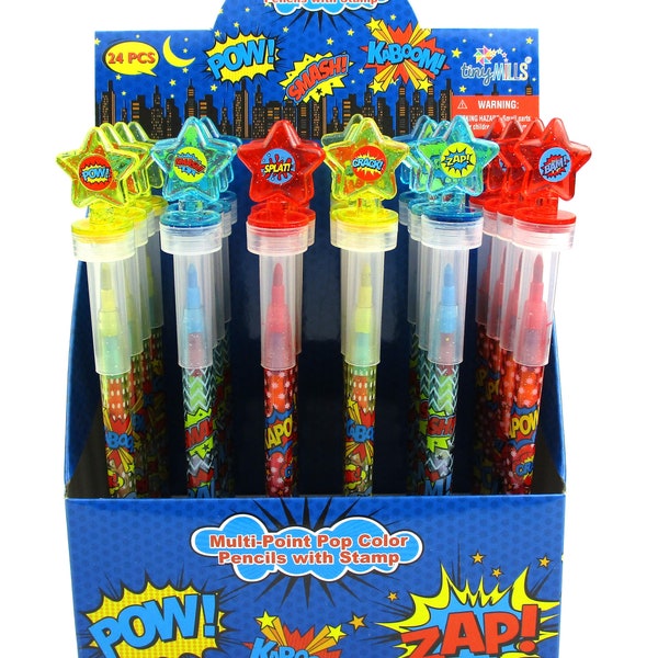 24 pcs Superhero Text Stackable Crayon with Stamp Topper