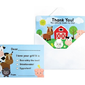 Barnyard Farm Animal Fill-in Verjaardag Bedankkaarten voor kinderen
