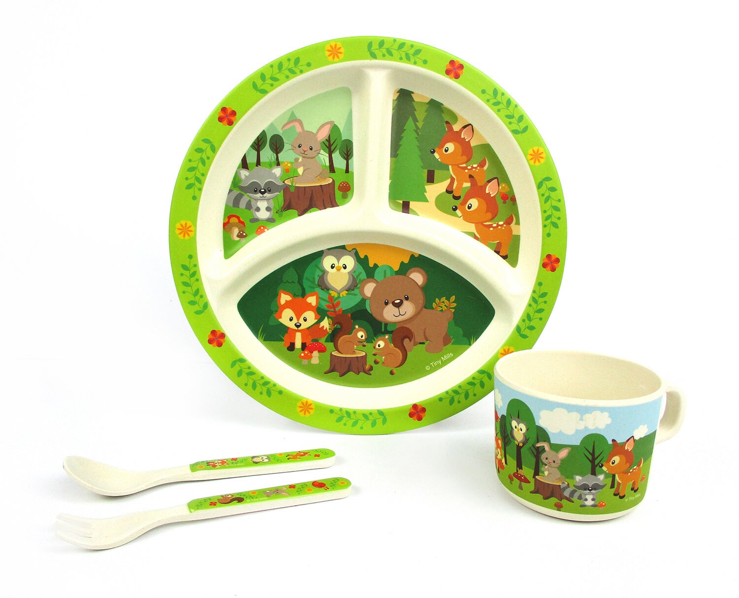 Eco-Friendly wiederverwendbare Pflanze Faser 4pc Geschirr Wald Tier Wald Kreatur Designs