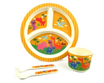 Eco-Friendly Wiederverwendbare Pflanze Faser 4pc Geschirr Dinosaurier Designs