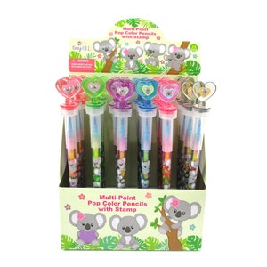 May include: A display of multi-point pop color pencils with a koala stamp on the top. The pencils are in a clear plastic box with a colorful koala design. The box says "Multi-Point Pop Color Pencils with Stamp".
