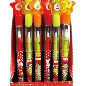 May include: A box of 24 pop pencils with a fire truck theme. The pencils have clear barrels with colorful star-shaped toppers and different fire truck designs. The box has a warning label for children under 3 years old.