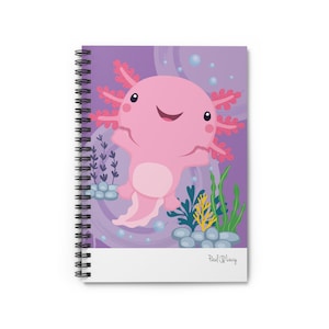 May include: A pink axolotl with a happy expression is swimming in a purple and blue underwater scene. The axolotl is surrounded by green and yellow seaweed and gray rocks. The background has a swirling pattern. The text "Paul & Lucy" is in the bottom right corner.