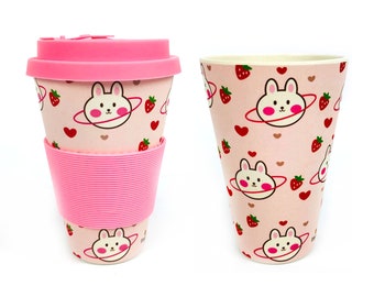 Eco-Friendly Reusable Plant Fiber Travel Mug with Strawberry Bunny Design