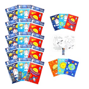 May include: A set of 10 space-themed colouring books featuring a rocket, planets, and stars. The books are red, blue, and yellow. There are also 3 additional colouring pages and 6 crayons.