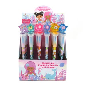 May include: A display of 24 multi-point pop color pencils with mermaid themed stamps. The pencils are packaged in a pink and blue box with a mermaid illustration. The text on the box reads "Multi-Point Pop Color Pencils with Stamp".