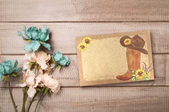 Sunflower Cowboy Boots Designs, All Occasion Assorted Blank Greeting Cards with 4 x 6 Envelopes Included, Thank You Notes, 12 Pack