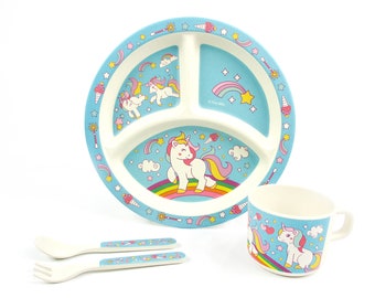Eco-Friendly wiederverwendbare Pflanze Faser 4pc Geschirr Regenbogen Einhorn Designs