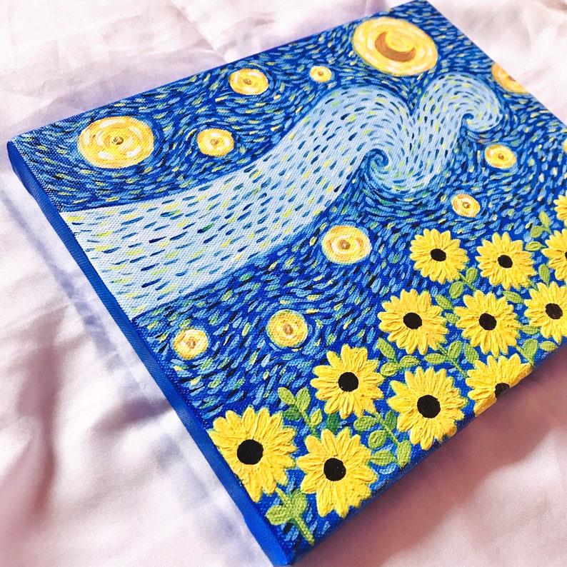 Download Original Acrylic Painting 8x10 Acrylic Painting Starry Night Sunflowers Painting Aesthetic Painting Van Gogh Painting Painting Art Collectibles Commentfer Fr