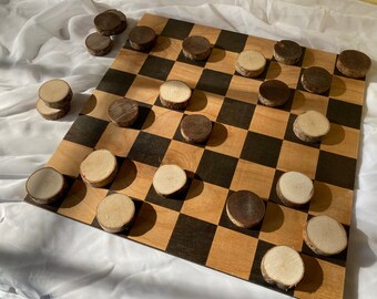 Handmade Wooden Checkerboard, Branch Checker Pieces, Natural Checkerboard, Twig Checkers