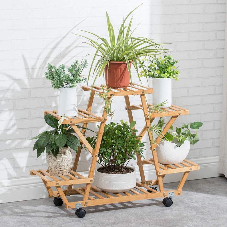 6 Tier Rolling Bamboo Wood Plant Stand Rack Multiple Flower Etsy
