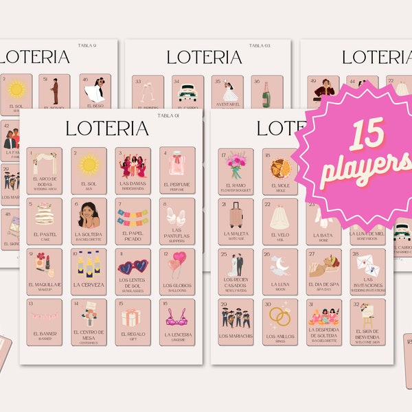 Hochzeits-Loteria für 15 Spieler | Individuelle Bachelorette- und Brautparty-Loteria | Loteria Mexicana Zweisprachig Spanisch, Englisch | Loteria Boda