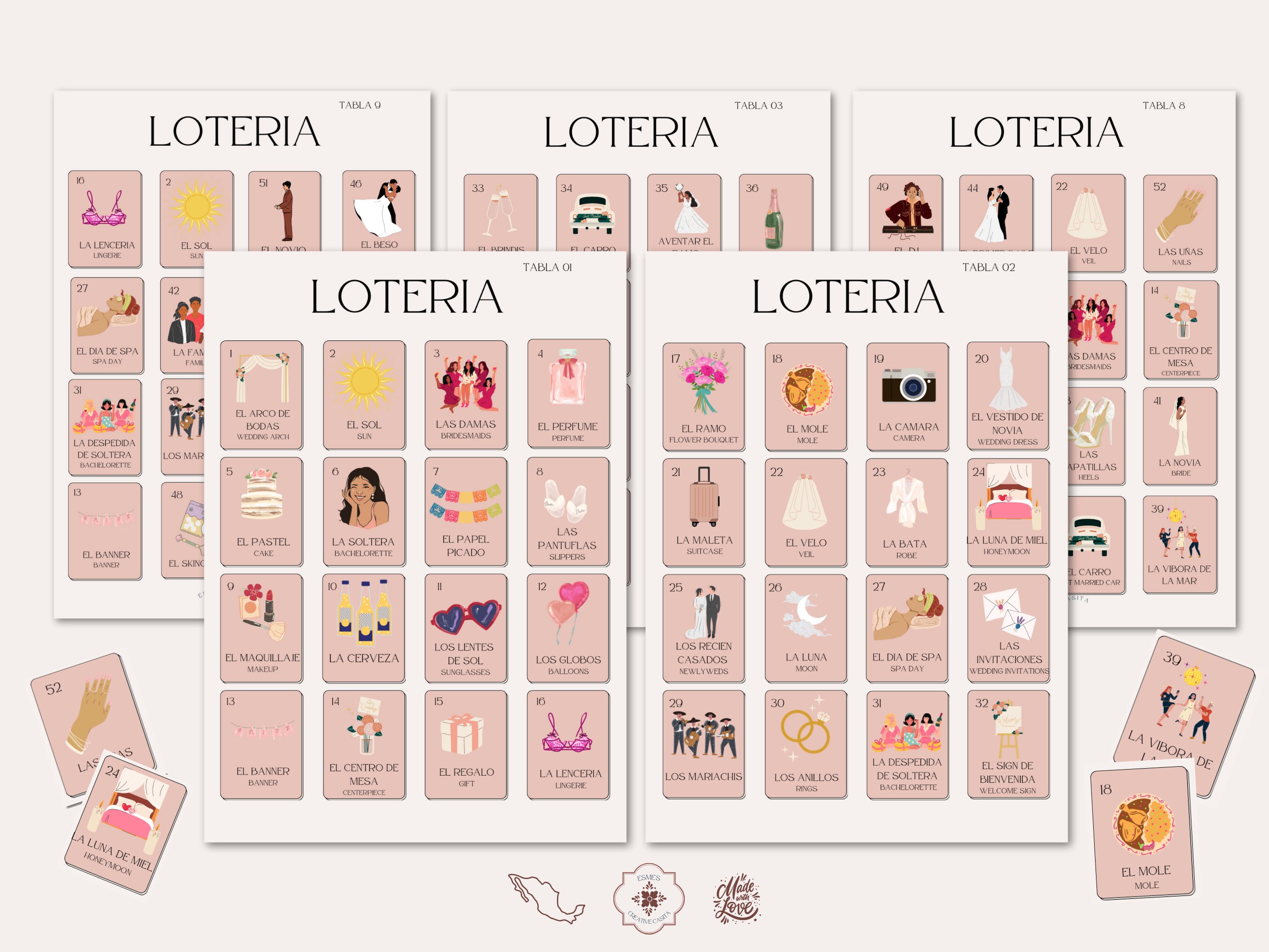 Wedding Loteria for 10 Players | Bachelorette Party Games | Loteria Mexicana Bilingual Spanish, English | Latina Party Game | Bridal Shower