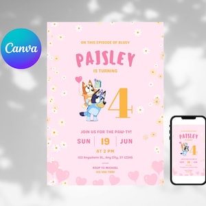 Convite de Aniversário Bluey | Convite Editável para Festa de Aniversário para Meninas | Modelo de Festa Bluey | Download Instantâneo | Modelo Canva