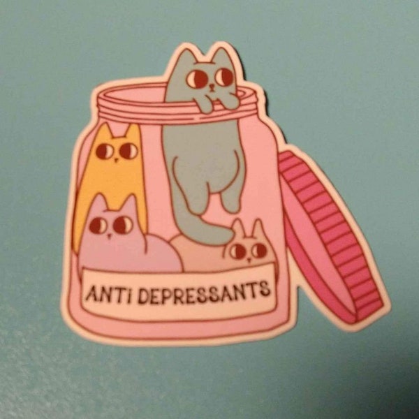 Anti-depressants Cute Cat Medicine Bottle Vinyl Sticker 3"
