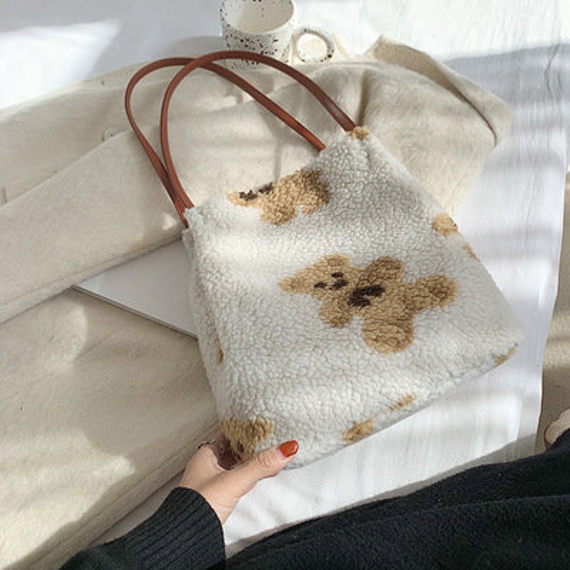 Large fluffy bear print bag/ bag tote purse fur fuzzy/Cute | Etsy