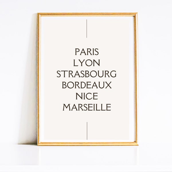 French Cities | Paris Lyon Strasbourg Bordeaux Nice Marseille | Digital download wall art | France lover | Travel gift | French city list