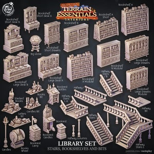 Library Bookshelves and Bits Terrain  D&D Pathfinder Fantasy 3D Printed Resin Miniature Designed by Cast N Play