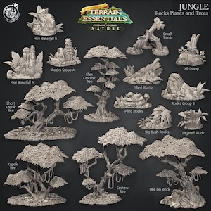 Jungle Trees and Rocks Terrain Set 15 Pieces D&D Pathfinder Fantasy 3D Printed Resin Miniature Designed by Cat N Play
