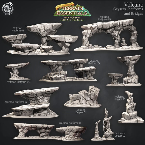 Volcano Geysers Platforms and bridges Terrain Set 10 Pieces D&D Pathfinder Fantasy 3D Printed Resin Miniature Designed by Cat N Play