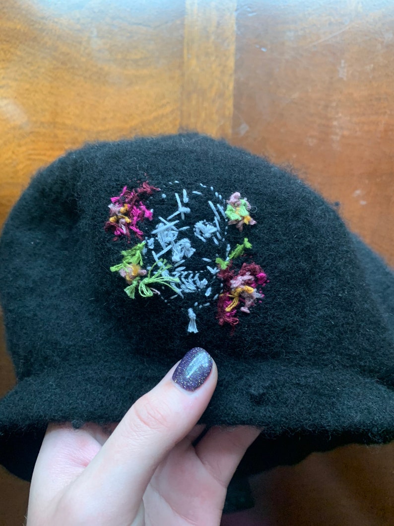 Spooky Skull and Flowers Hand-Embroidered Wool Beret