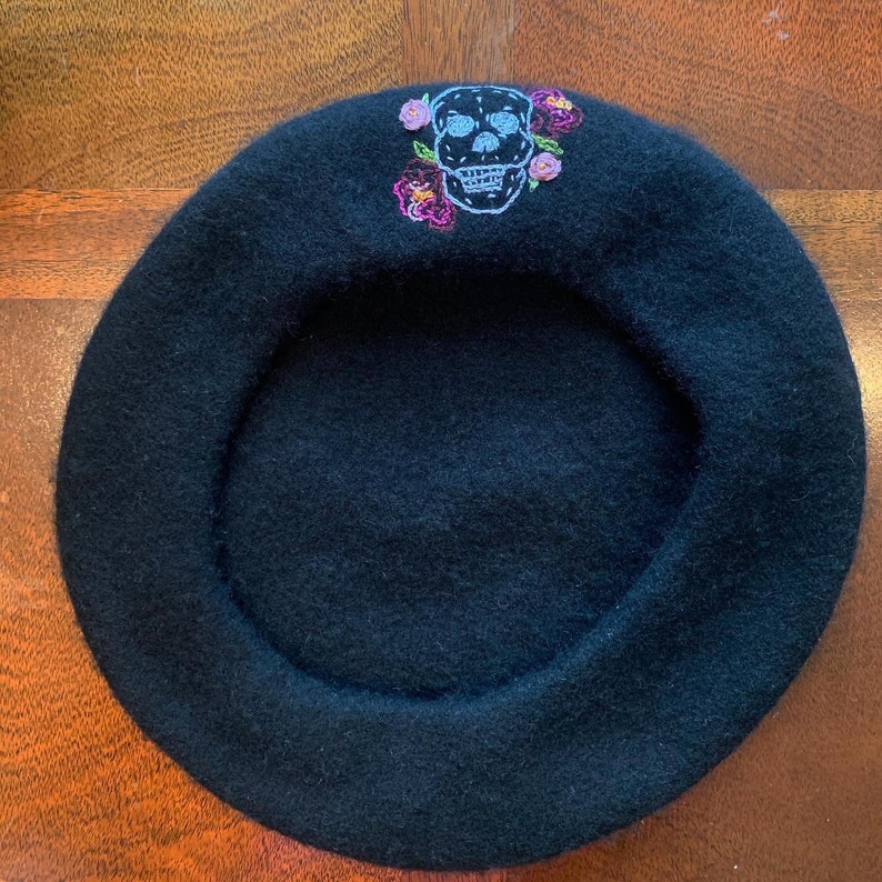 Spooky Skull and Flowers Hand-Embroidered Wool Beret