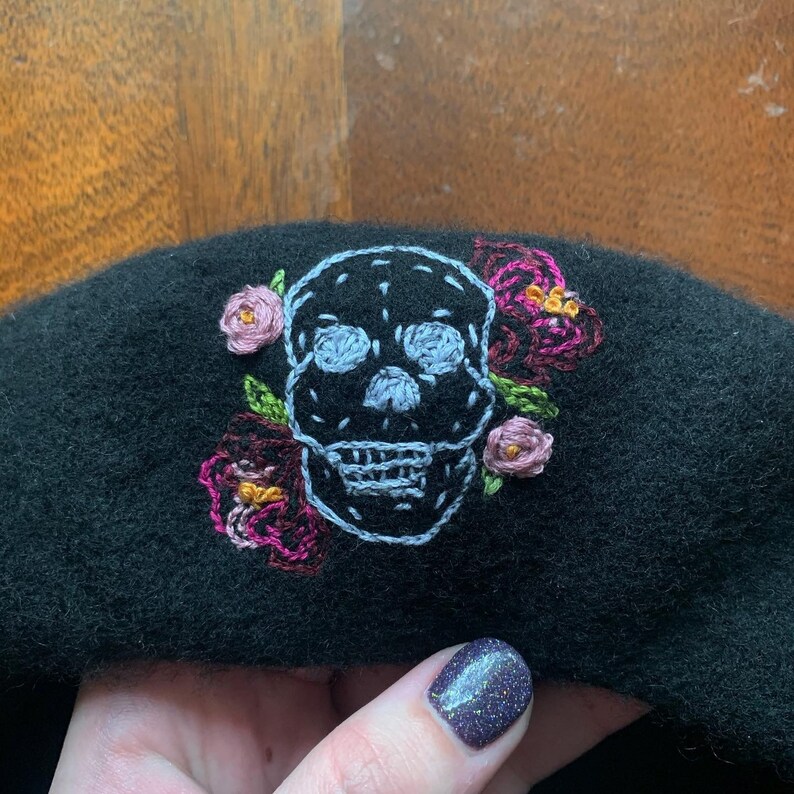 Spooky Skull and Flowers Hand-Embroidered Wool Beret
