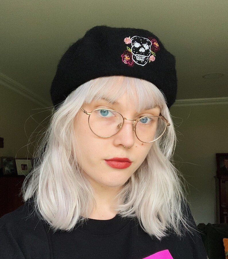 Spooky Skull and Flowers Hand-Embroidered Wool Beret