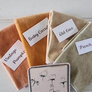 May include: Four folded fabric squares in shades of orange, tan, and green, each with a label. The labels read "Vintage Pumpkin", "Baby Carrot", "Old Lace", and "French Pear". A small, illustrated card is in the foreground.