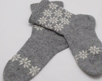 Warm Wool Socks: Norwegian Knit Gray with White North Stars