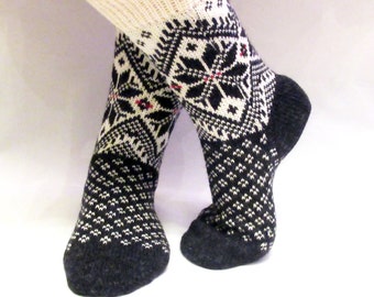 Knitted Socks, Wool socks, Christmas knit socks, Stars Knit Socks, Snowflakes Norwegian knitted socks, Pure wool - Charcoal  Grey