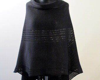 Black poncho, women  knitted shawl, pure wool, one size.