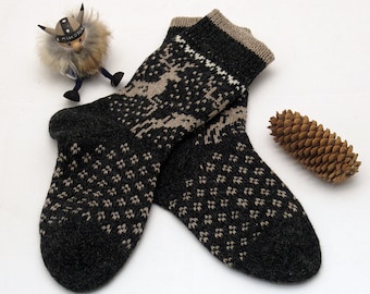 Knitted Socks, Handmade Wool Socks, Christmas knit socks, Reindeer Knit Socks, Norwegian knitted socks, Pure wool - Charcoal  Grey/Brown