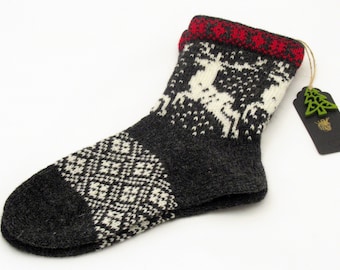 Knitted Wool Socks: Grey and White Reindeer Pattern.