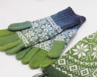 Gestrickte Handschuhe, Wollhandschuhe, Norweger Strickhandschuhe Fair Isle - Reine Wolle