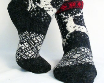 Knitted Socks, Hygge Wool socks, Reindeer Knit Socks, Norwegian knitted socks, Pure wool - Charcoal  Grey