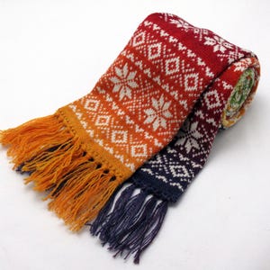 Knitted long winter warm scarf with double-sided Scandinavian pattern rainbow - pure wool image 2