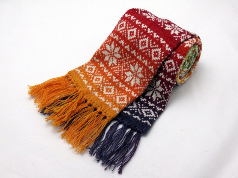 Knitted long winter warm scarf with double-sided Scandinavian pattern rainbow - pure wool image 2