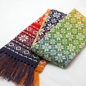 Knitted long winter warm scarf with double-sided Scandinavian pattern rainbow - pure wool image 1
