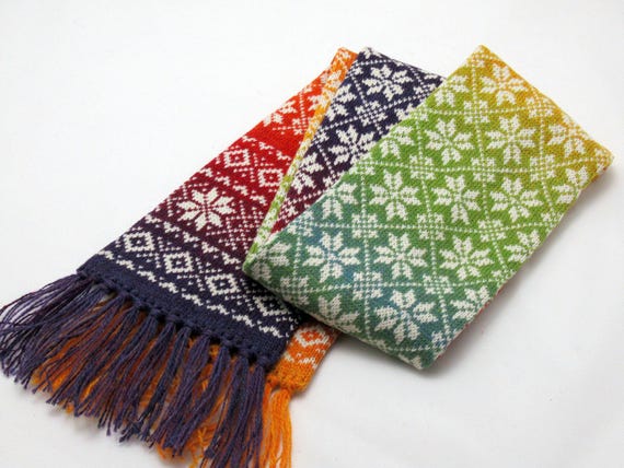 Knitted long winter warm scarf with double-sided Scandinavian pattern rainbow  - pure wool